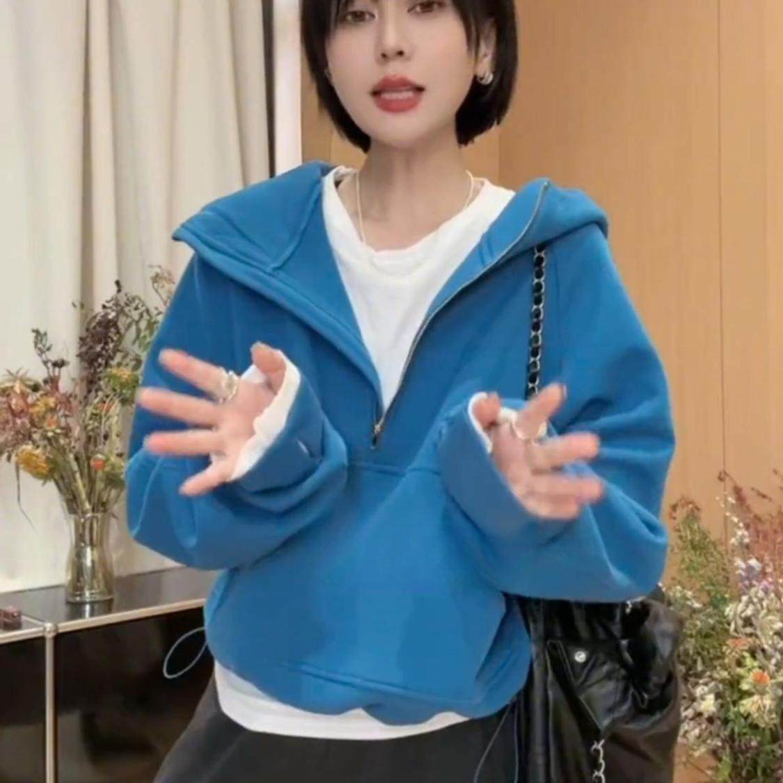 欧货特大码300斤半拉链外套女秋冬胖mm宽松遮肚子显瘦连帽卫衣潮