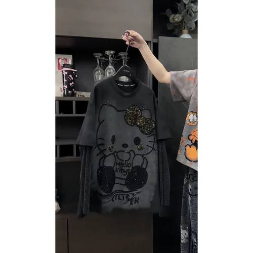 春夏加大码显瘦亮片假两件T恤