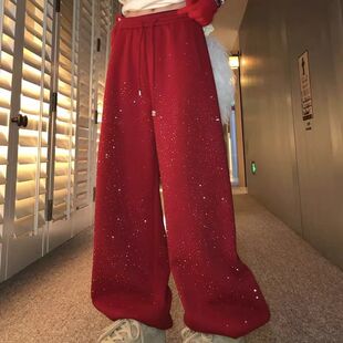 春秋宽松显瘦直筒阔腿裤 300斤胖MM潮牌亮片满天星休闲灯笼裤 大码