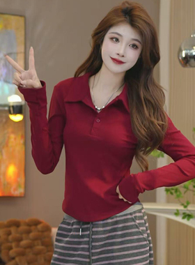 2026春季新款时尚百搭翻领减龄长袖T恤女高级感修身显瘦洋气0111r