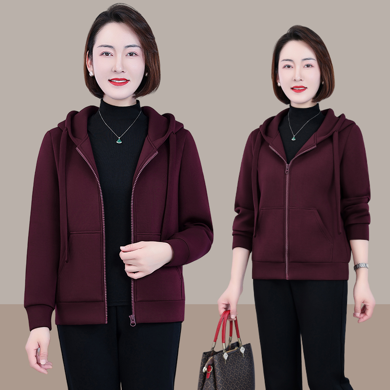 恩狐百搭时尚洋气纯色中年秋季新款宽松休闲运动连帽开衫卫衣外套