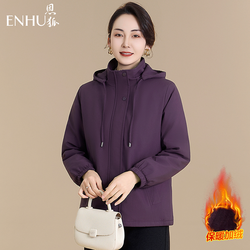恩狐2025冬季新款加绒加厚长宽松袖保暖时尚中老年派克棉服外套