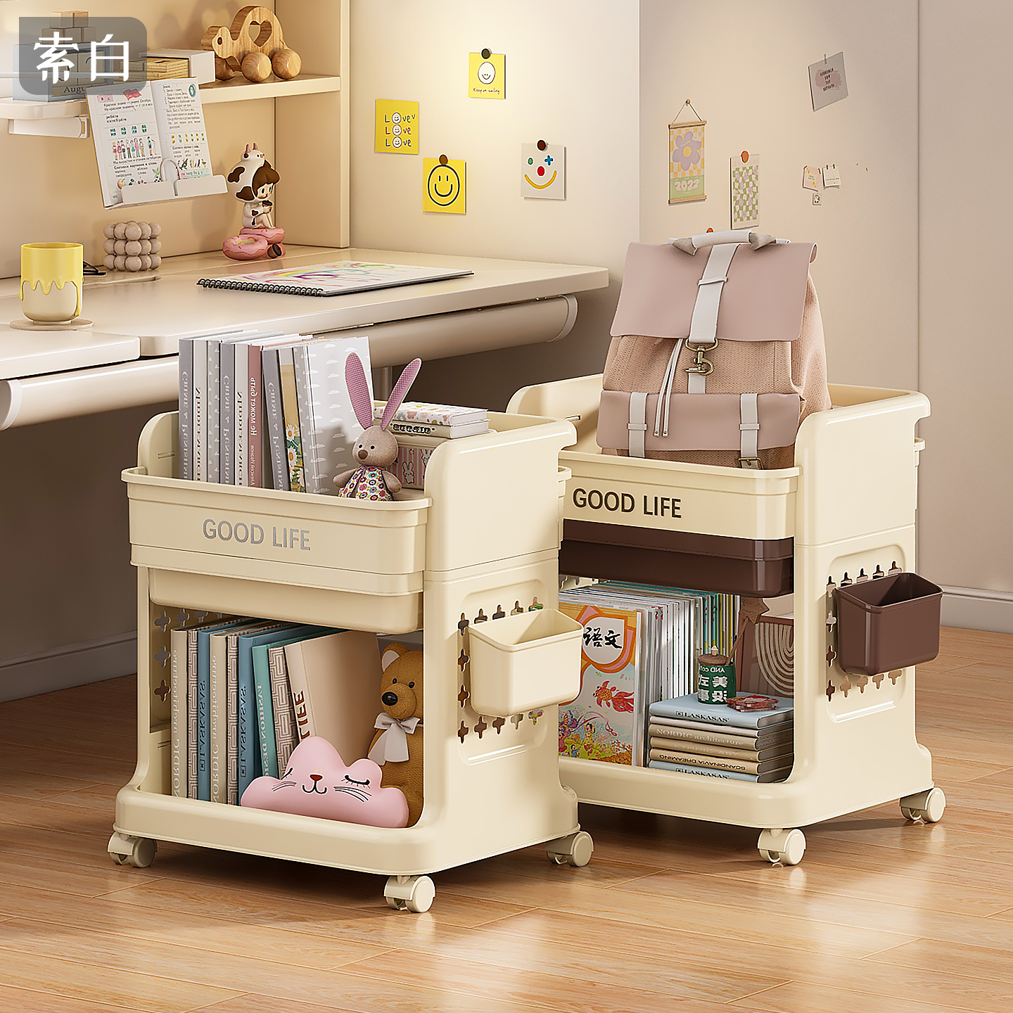 桌下置物架书包放置神器可移带轮小推车收纳筐学生书本文具收纳架