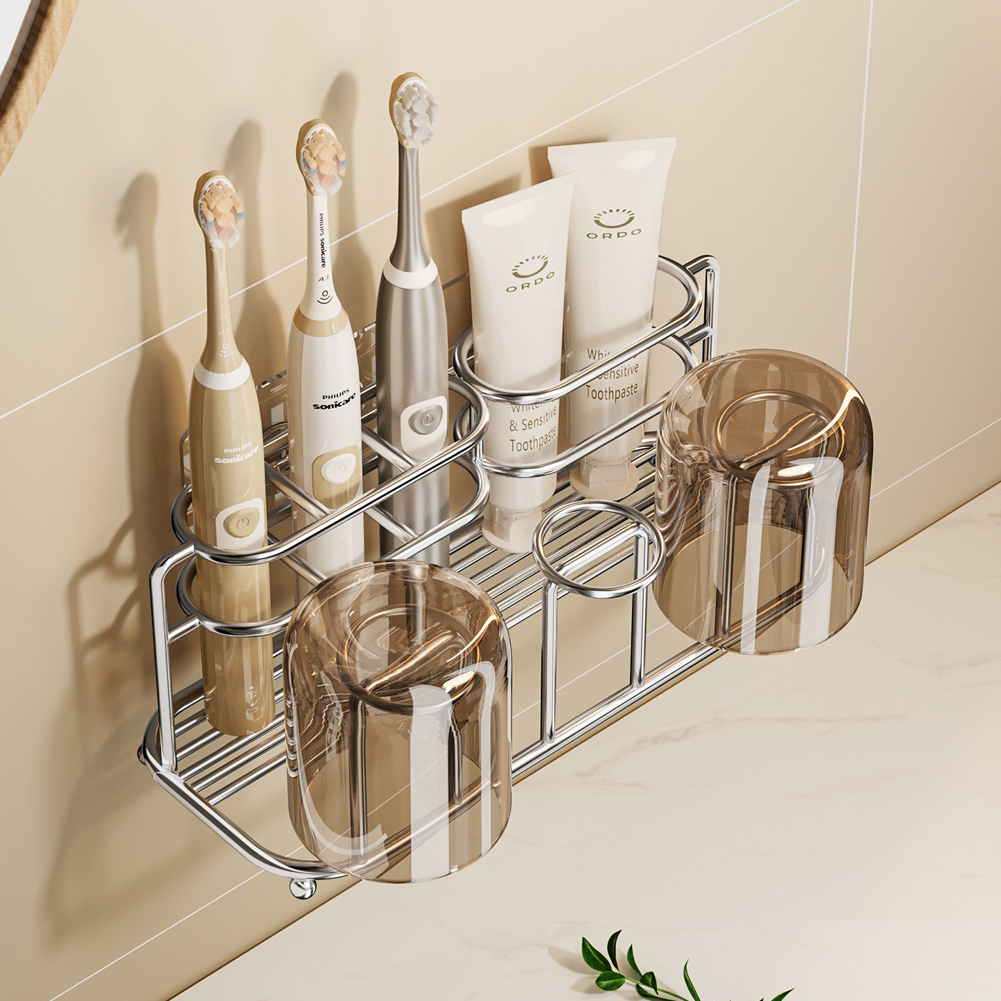 304不锈钢牙刷置物架化妆室免打孔牙刷架漱口杯挂架壁挂式牙杯架