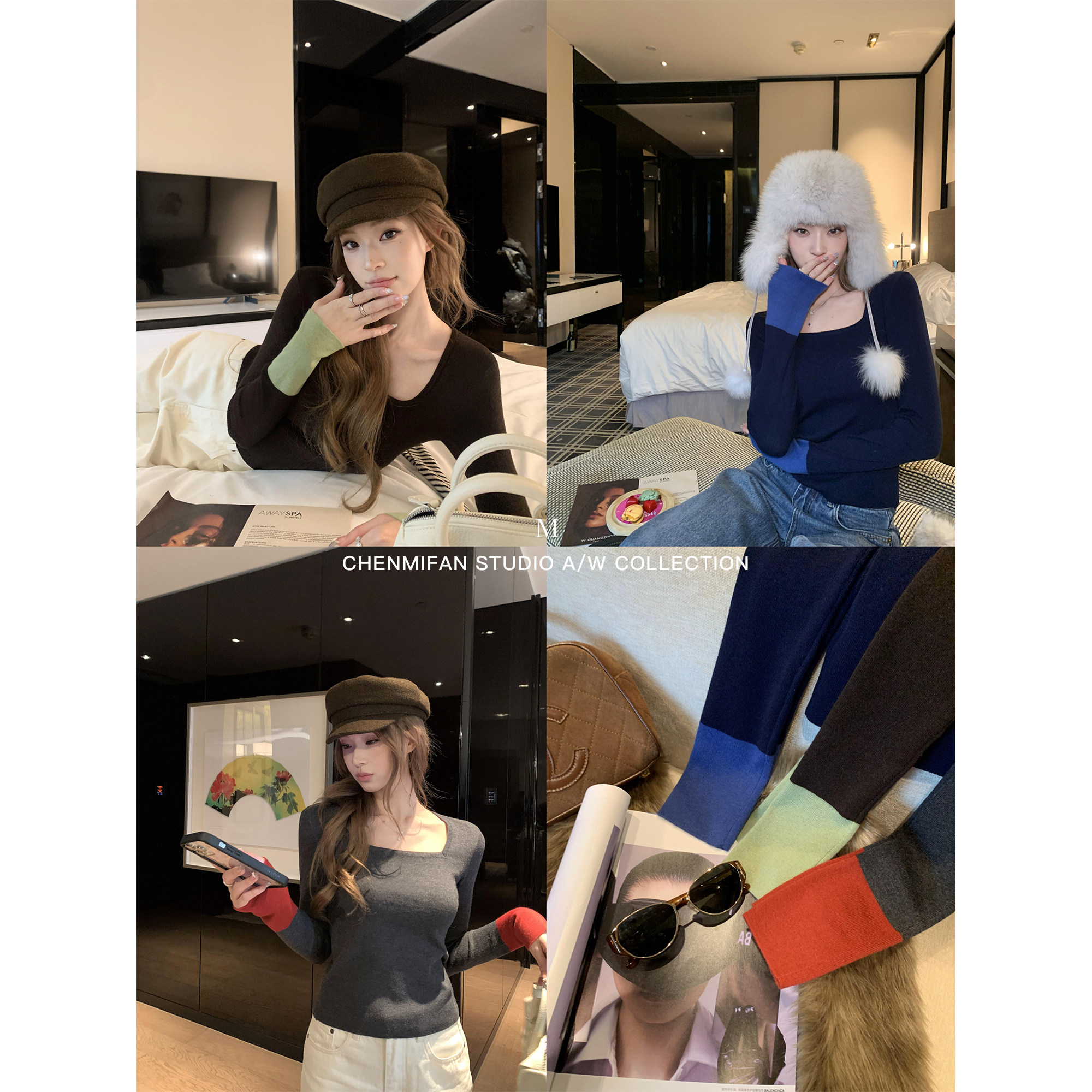 辰米范 镜头焦点 撞色拼接方领长袖针织衫女修身显瘦气质打底上衣