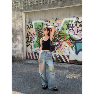 设计感手工涂鸦直筒阔腿裤 辰米范 新款 女夏季 蓝色高腰破洞牛仔裤