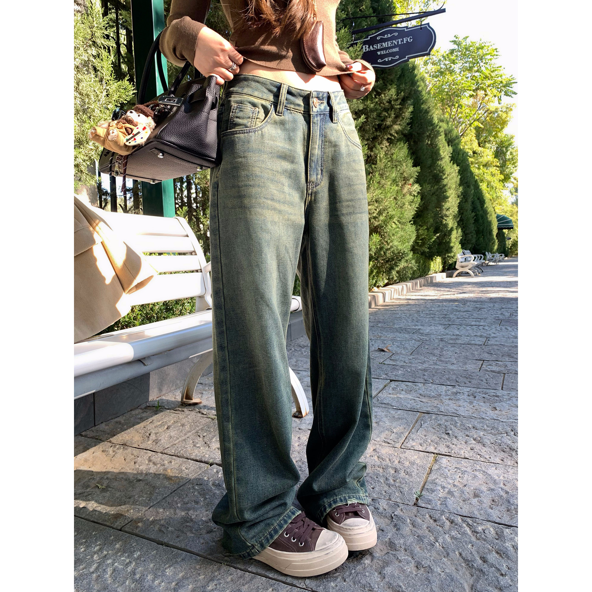 辰米范 美式复古蓝宽松阔腿牛仔裤女秋冬磨毛高腰拖地直筒长裤,女装/女士精品,牛仔裤,淘宝优惠券,粉丝福利购,淘宝优惠卷