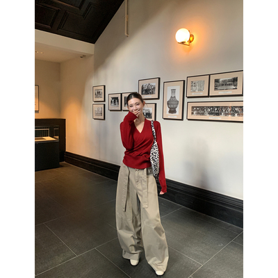 辰米范 德拉旧街区 配~腰带阔腿工装牛仔裤子女低腰宽松拼接长裤