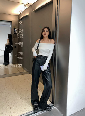 辰米范 高腰垂感PU皮裤女春秋新款黑色宽松直筒拖地裤显瘦阔腿裤