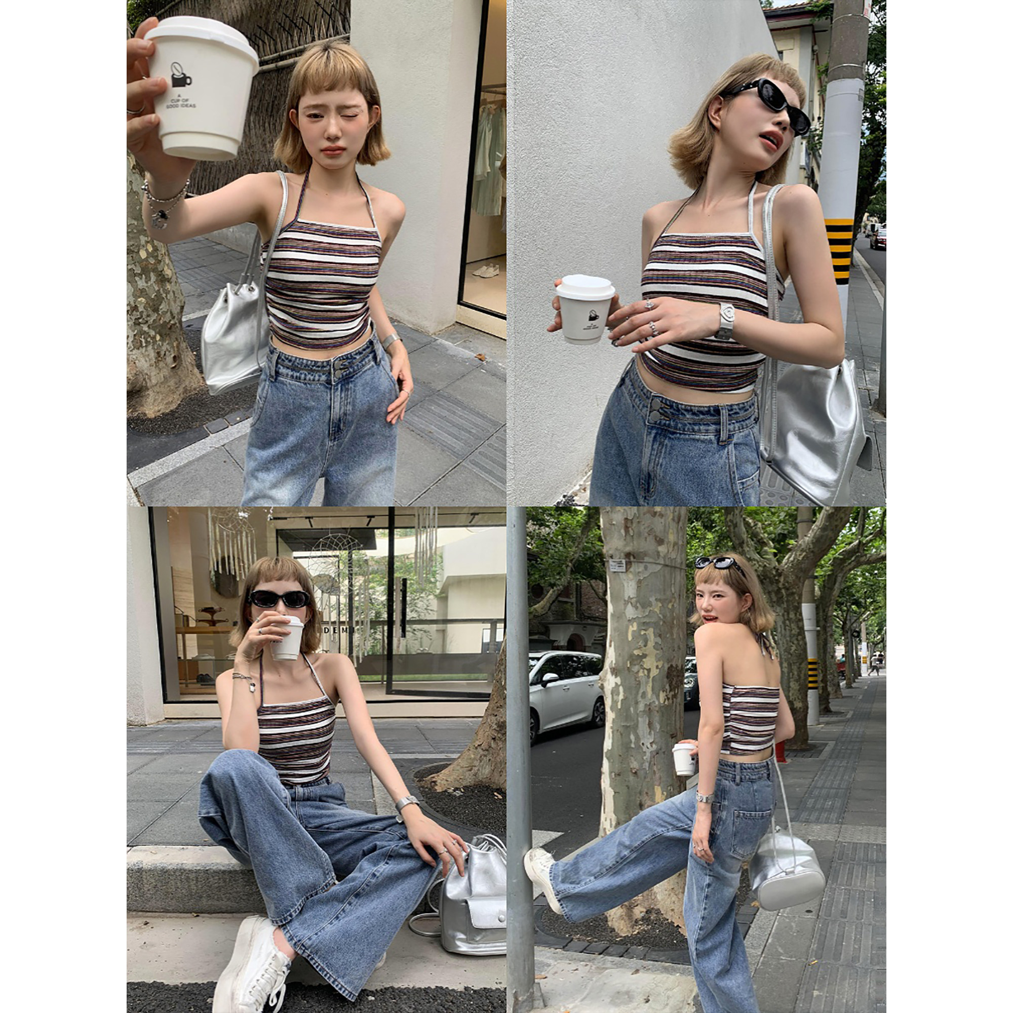 辰米范【现货5折】条纹吊带背心女短款假两件针织上衣修身短袖t恤,女装/女士精品,背心吊带,淘宝优惠券,粉丝福利购,淘宝优惠卷