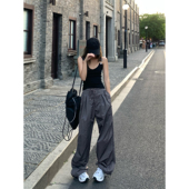 女夏季 裤 美式 宽松运动裤 辰米范 休闲阔腿裤 灰色高腰直筒束脚工装