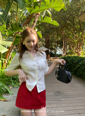 辰米范 假日松弛 红色苎麻半身裙女松紧腰防走光裤裙休闲a字短裙