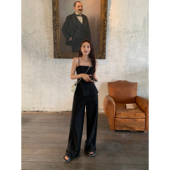 高腰开叉西装 休闲拖地长裤 裤 黑色宽松直筒阔腿裤 子 女新款 辰米范