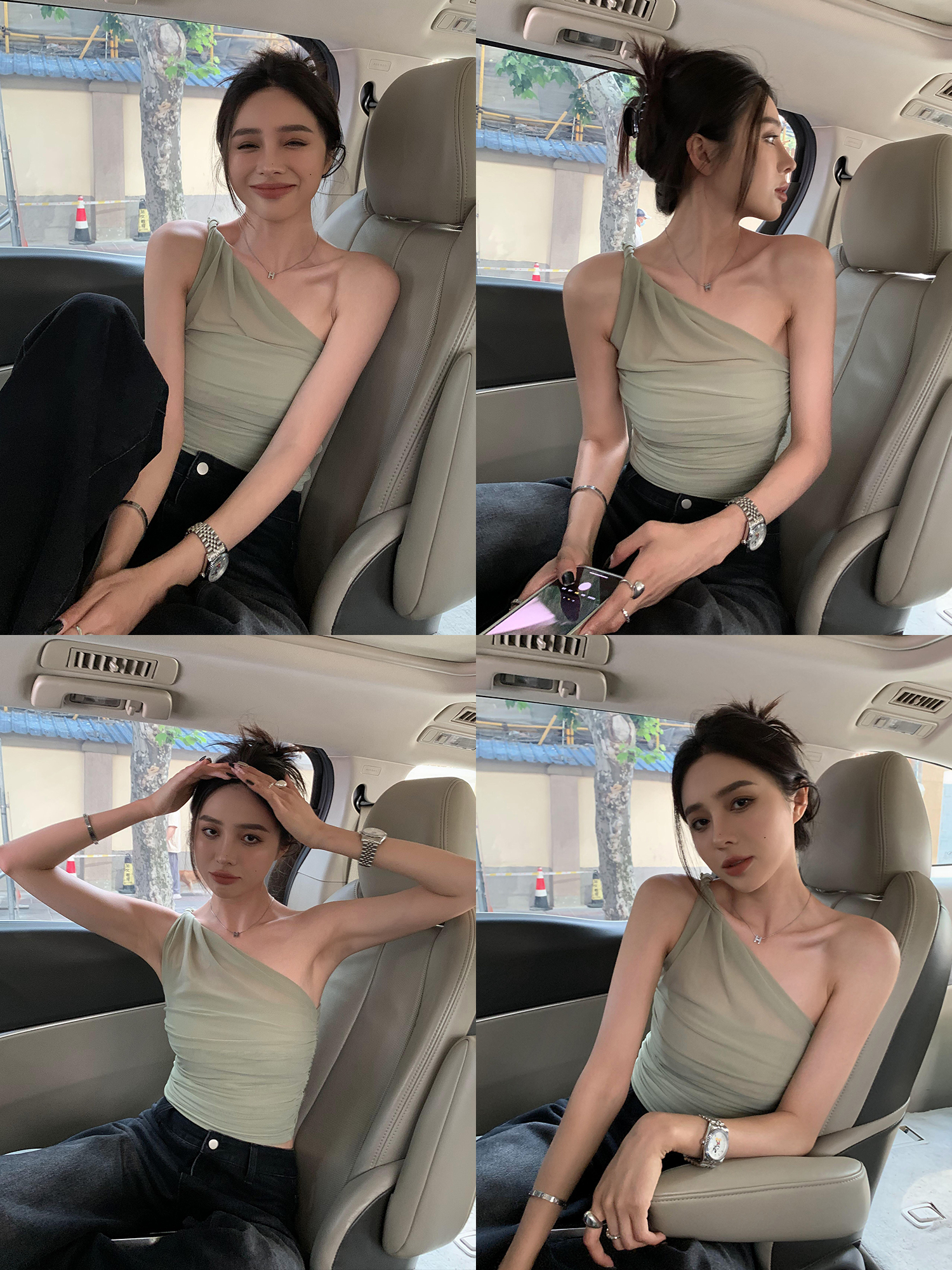 辰米范 设计感打纽斜肩网纱吊带背心女外穿夏季新款修身短款上衣