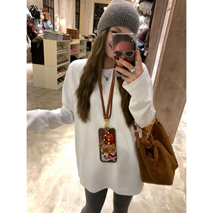 秋季 辰米范 针织打底衫 宽松t恤女圆领长袖 磨毛加厚上衣 白色中长款