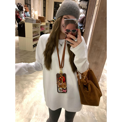 辰米范 白色中长款宽松t恤女圆领长袖针织打底衫秋季磨毛加厚上衣