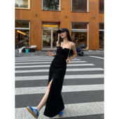 黑色一字肩连衣裙女夏季 辰米范 法式 性感开叉收腰长裙气质抹胸裙