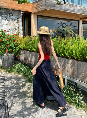 辰米范 蓝色牛仔半身裙女夏季新款高腰显瘦长裙复古大摆A字伞裙子