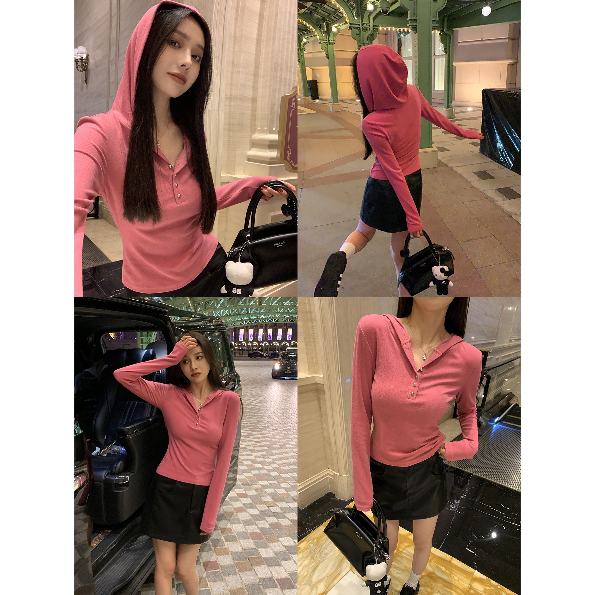 磨毛修身连帽针织打底衫女