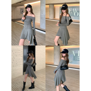 辰米范 【现货5折】菜赛尔一字肩连衣裙收腰不规则高级气质短裙女