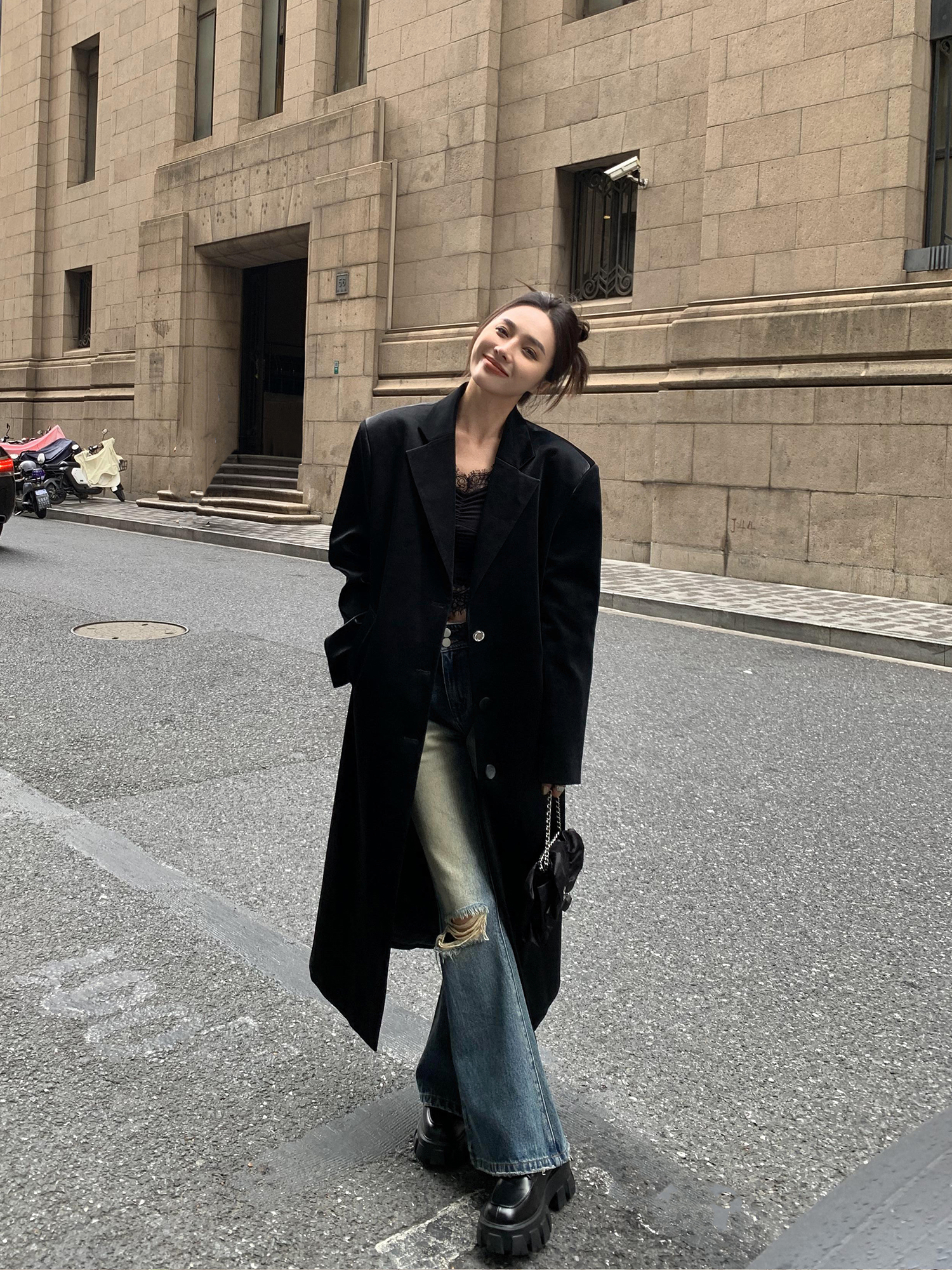 辰米范 黑色中长款皮衣外套女秋冬高级感宽松加棉加厚西装大衣