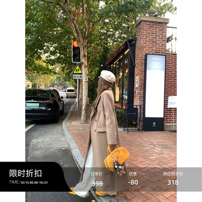 气质毛呢大衣女双排扣中长款外套