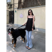 无袖 辰米范 上衣 新款 宽松中长款 黑色吊带衬衫 女设计感绑带夏季