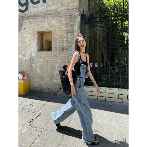 蓝色阔腿背带牛仔裤女