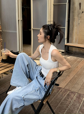 辰米范 白色针织吊带背心女夏新款方领修身短款t恤无袖内搭上衣