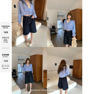 女宽松直筒显瘦休闲五分裤 复古高腰阔腿牛仔短裤 潮搭利器 辰米范