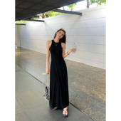 辰米范 黑色吊带针织连衣裙女夏季 气质收腰长裙a字工字背心大摆裙