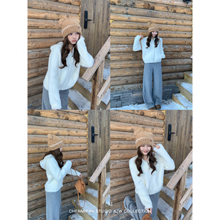 女舒适气质毛毛外套 柔软仿貂毛连帽毛衣开衫 辰米范 卫城落日