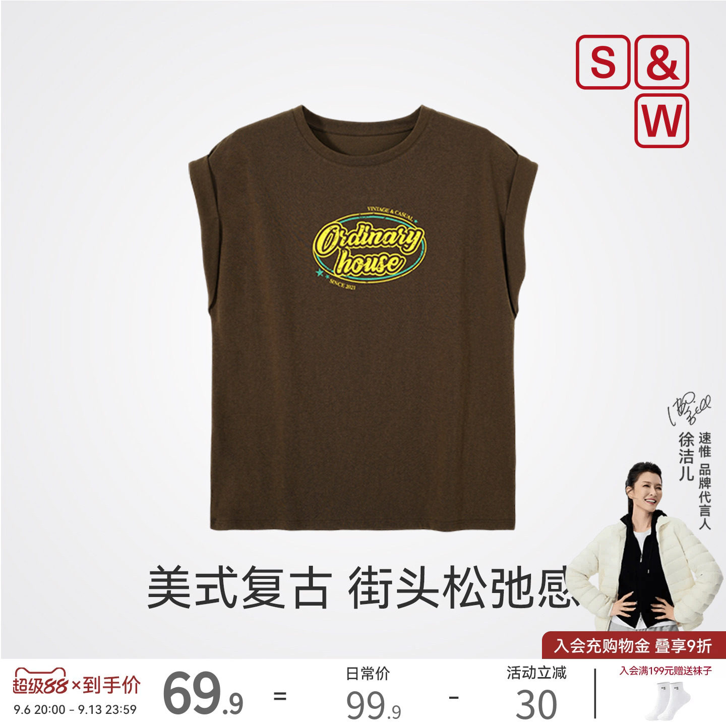 美式复古无袖女t恤休闲运动图片