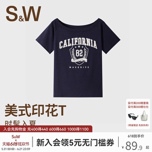 SW速惟短袖女夏美式复古斜肩T恤纯棉百搭透气上衣2025新款