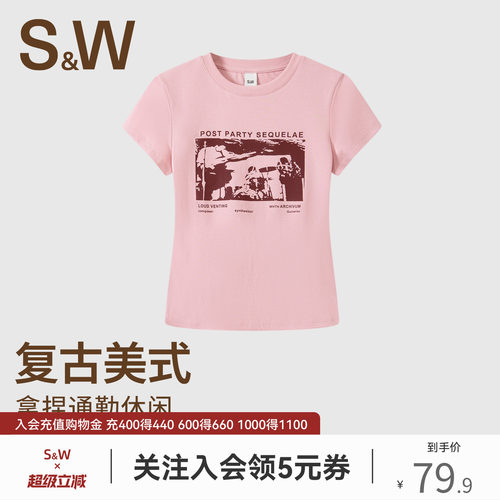 SW速惟正肩短袖女夏复古时尚印花T恤纯棉透气修身显瘦百搭上衣新