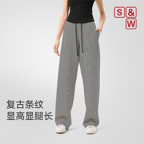 SW速惟运动长裤复古条纹宽松休闲阔腿裤显瘦直筒透气健身瑜伽长裤