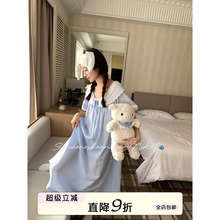 馨帮帮Homedress 甜美蕾丝娃娃领系带睡衣女款夏条纹宽松长款睡裙