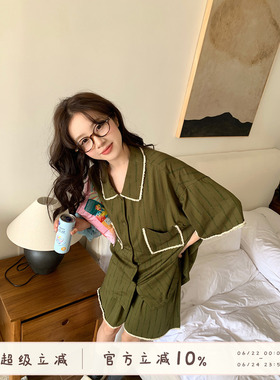 馨帮帮Homedress 夏季新款绿色条纹睡衣女宽松开衫短袖短裤家居服