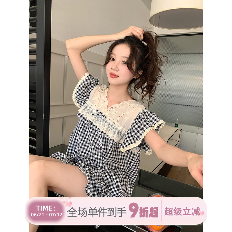 馨帮帮甜美小飞袖格子睡衣女夏季荷叶蕾丝边可外穿休闲家居服套装