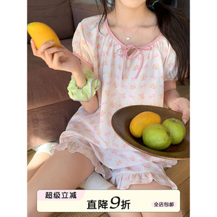 馨帮帮Homedress 女夏 甜美粉色蝴蝶结花卉短袖 睡衣透气家居服套装
