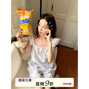 馨帮帮Homedress 系带小飞袖 格纹睡衣女夏季 舒适可外穿家居服套装