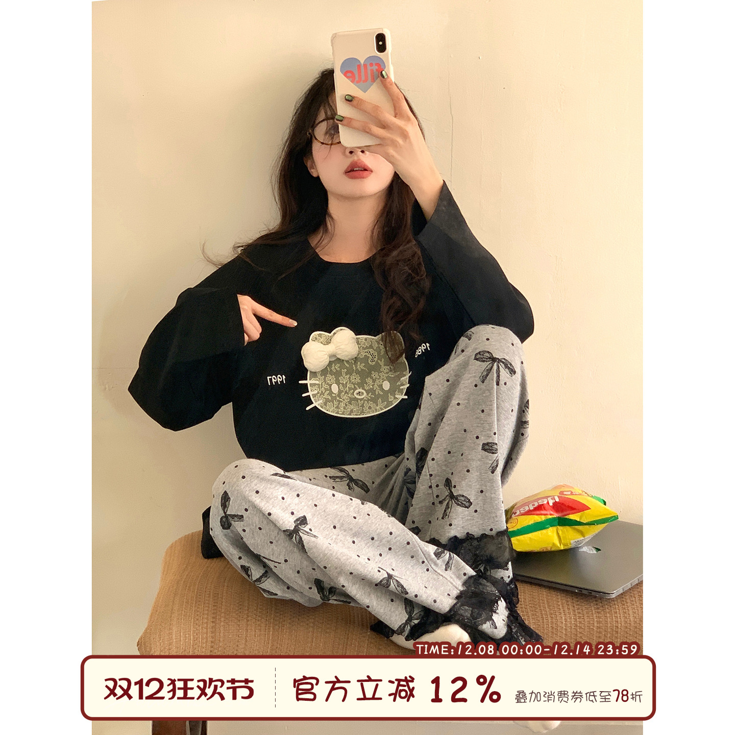 馨帮帮Homedress蝴蝶结波点睡衣