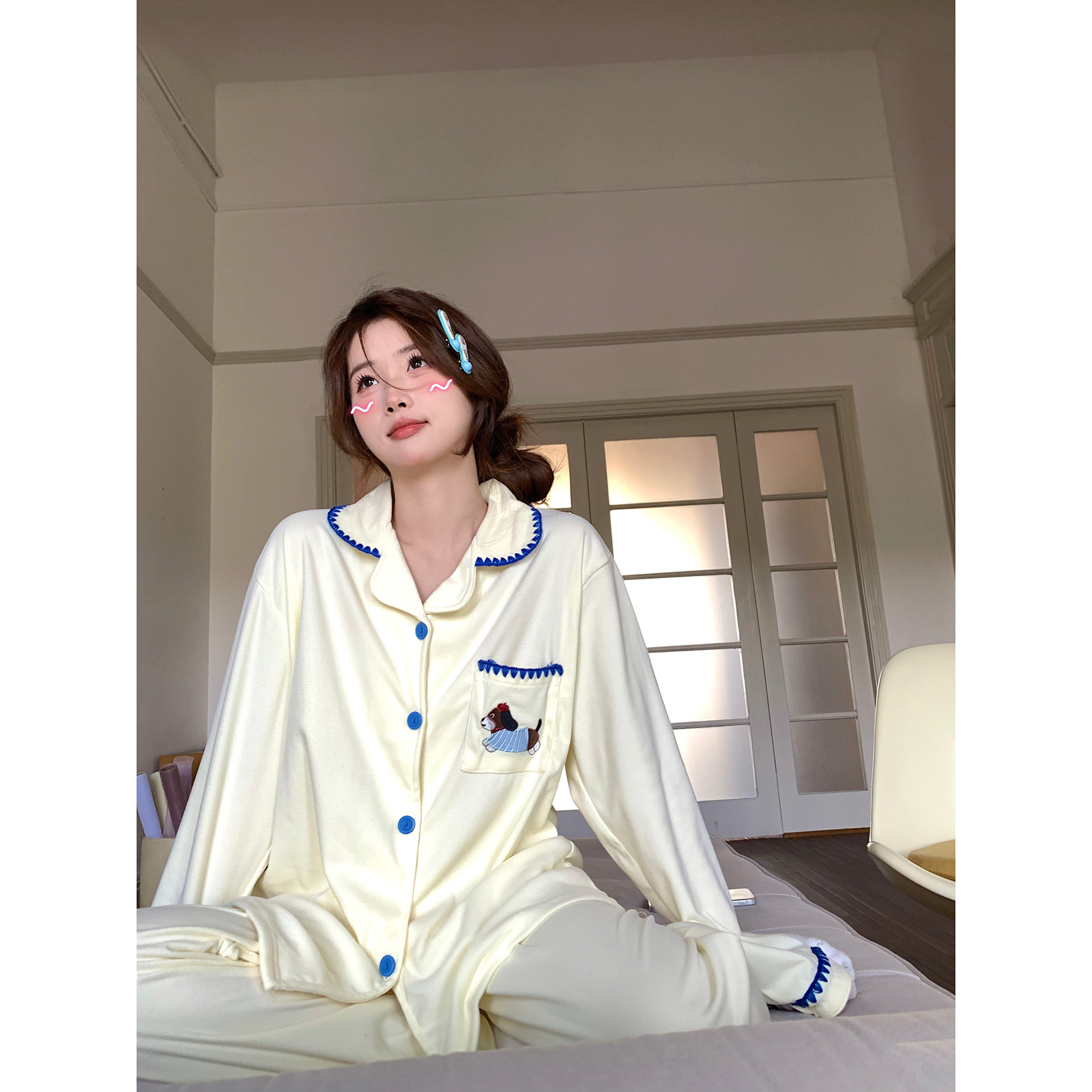 馨帮帮Homedress 可爱卡通小狗磨毛睡衣女春季撞色翻领家居服套装,女士内衣/男士内衣/家居服,睡衣/家居服套装,淘宝优惠券,粉丝福利购,淘宝优惠卷