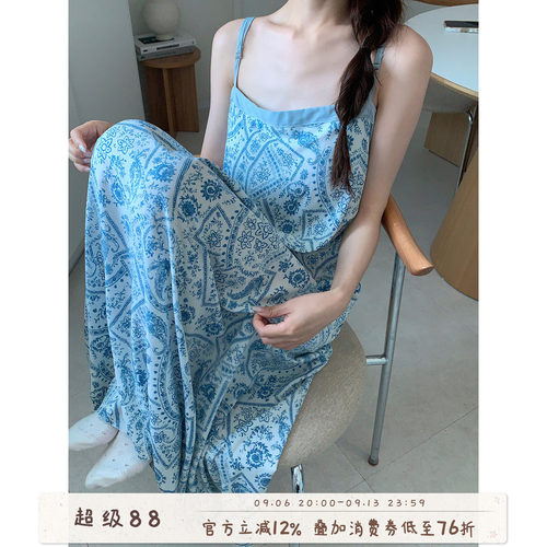 馨帮帮民族风印花吊带睡裙