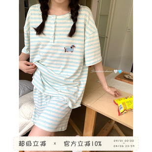 薄款 馨帮帮Homedress 条纹小狗短袖 睡衣女夏季 宽松舒适家居服套装