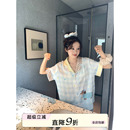 馨帮帮Homedress 撞色格纹狗狗短袖 睡衣女夏季 宽松舒适家居服套装