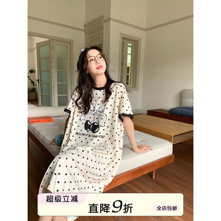 睡裙 馨帮帮Homedress 波点樱桃蝴蝶结短袖 睡衣女夏薄款 宽松中长款