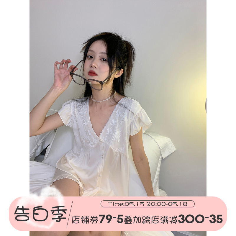 馨帮帮Homedress 夏季甜美蕾丝钩花V领睡衣女套装纯欲缎面家居服