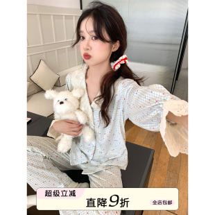 家居服 馨帮帮Homedress 甜美碎花格纹蕾丝睡衣女秋季 薄款 宽松长袖