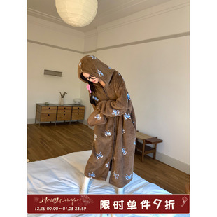 馨帮帮Homedress 蝴蝶结印花连帽睡衣女秋冬珊瑚绒柔软舒适长睡袍